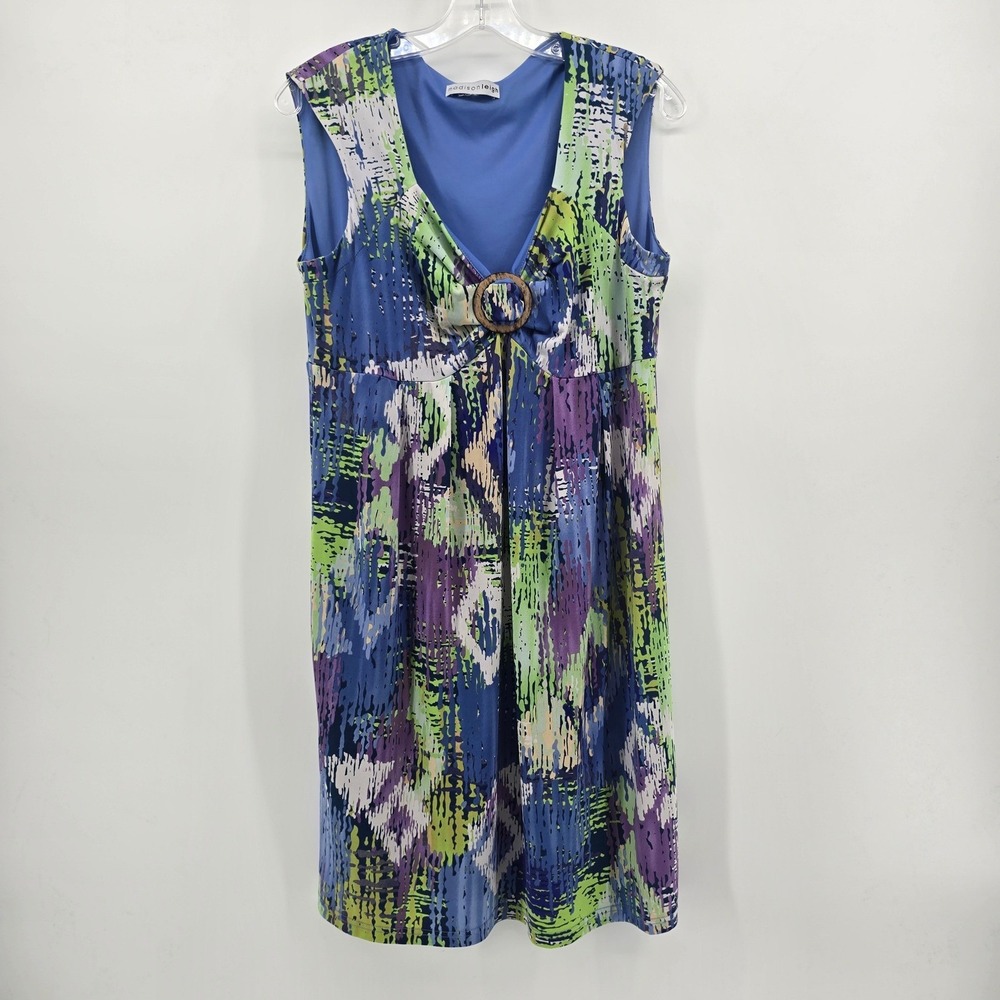 Madison Leigh Womens Size XL Blue Abstract Print Buckle Front Dress Sleeveless
